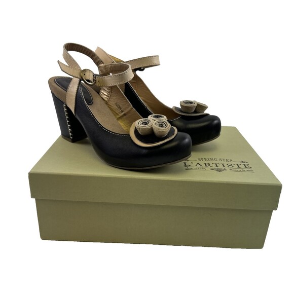 Spring Step L'Artiste Adorn Heel Black Leather Ankle Buckle Strap Women 37 6.5-7 - Picture 1 of 15